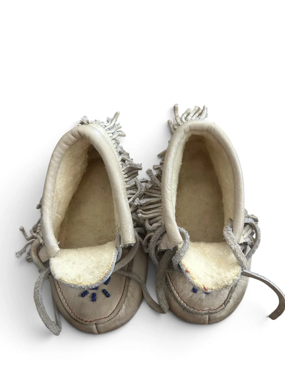Vintage Baby 6.5 Fringe Moccasin Shoes in Cream with Bead Detail